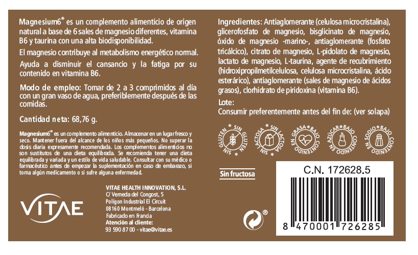 Magnesium6 60_back Vitae Magnesium6® 60 comprimidos - Imagen 2